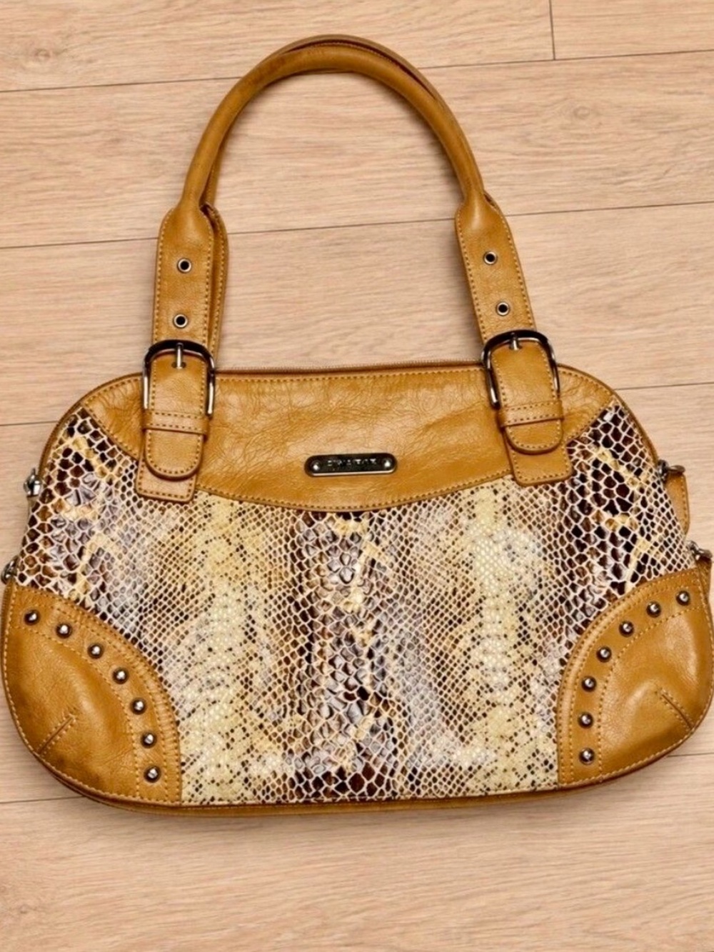 Sharif Studio Vintage Snakeskin Embossed Satchel Studded Luxury Handbag EUC